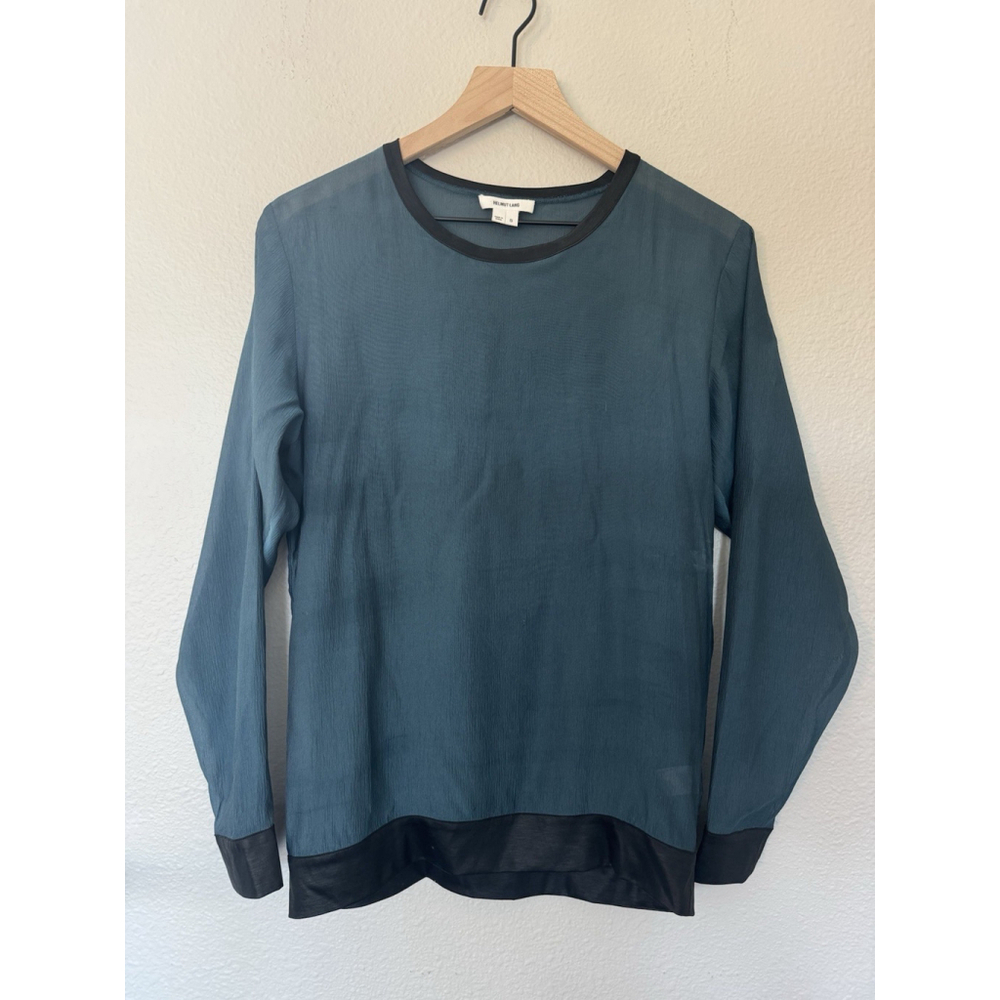 Helmut Lang 100% Silk Teal With Black Trim pull Over Long Sleeved Blouse